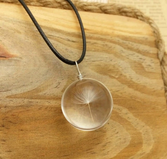 Handmade Dried Dandelion Flower Glass Ball Pendant Leather Rope Necklace For Women
