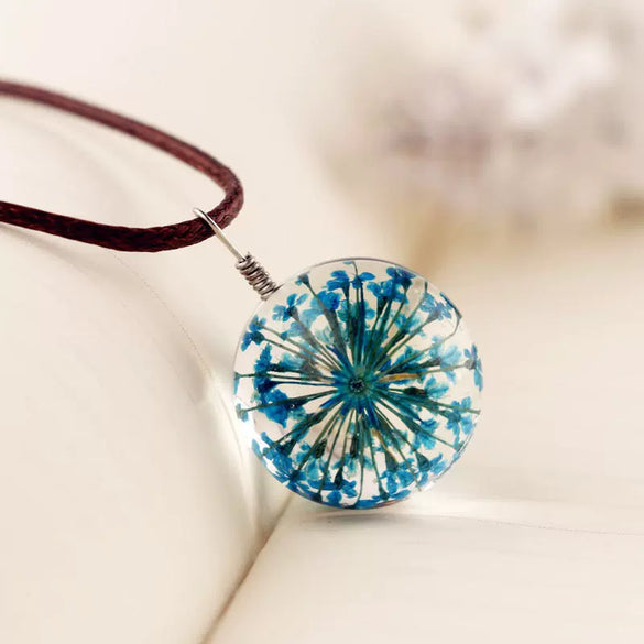 Handmade Dried Dandelion Flower Glass Ball Pendant Leather Rope Necklace For Women