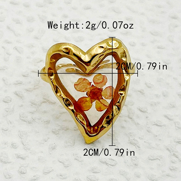 Handmade Dried Flower Epoxy Resin Printing Open Ring Stainless Steel Electroplated