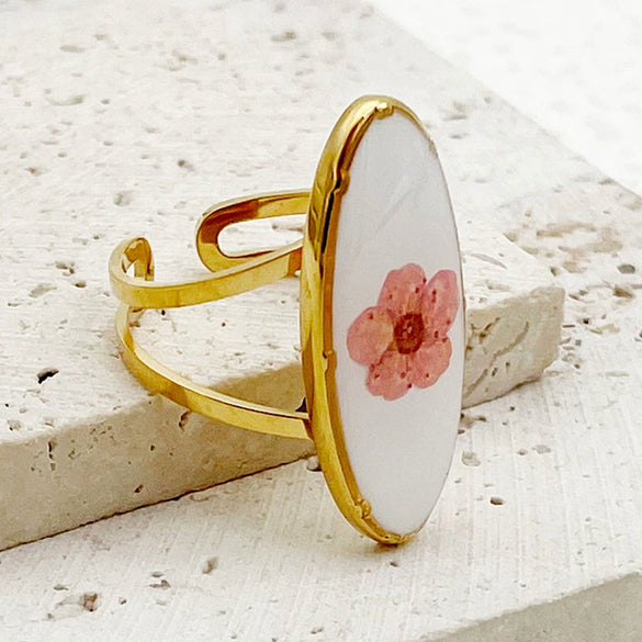 Handmade Dried Flower Epoxy Resin Printing Open Ring Stainless Steel Electroplated