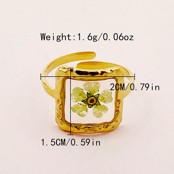 Handmade Dried Flower Epoxy Resin Printing Open Ring Stainless Steel Electroplated