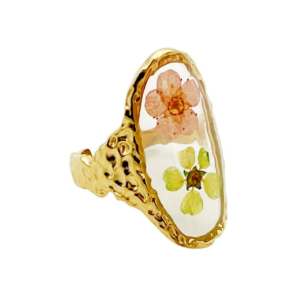Handmade Dried Flower Epoxy Resin Printing Open Ring Stainless Steel Electroplated