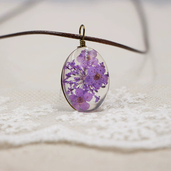 Handmade Dried Flower Necklace With Crystal Real Flower Pattern Organic Glass Pendant And Rope Chain Natural Style