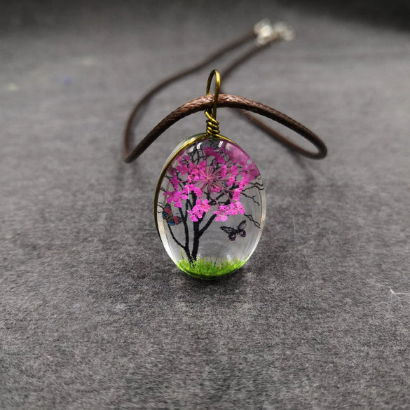 Handmade Dried Flower Necklace With Crystal Real Flower Pattern Organic Glass Pendant And Rope Chain Natural Style
