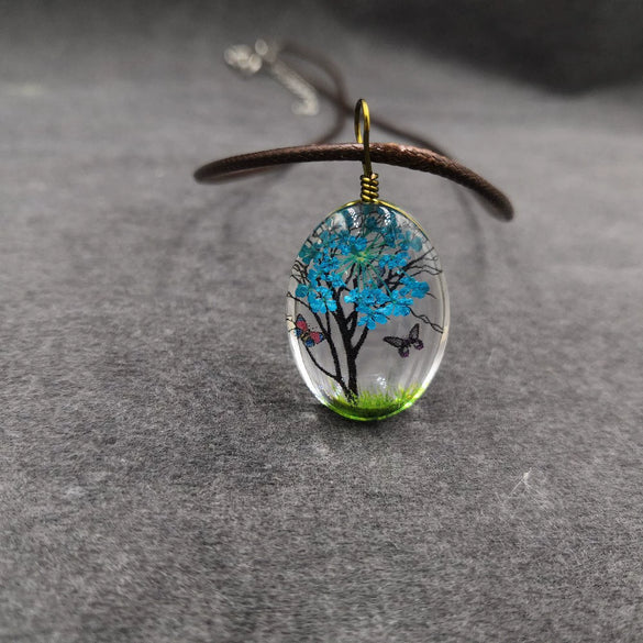 Handmade Dried Flower Necklace With Crystal Real Flower Pattern Organic Glass Pendant And Rope Chain Natural Style