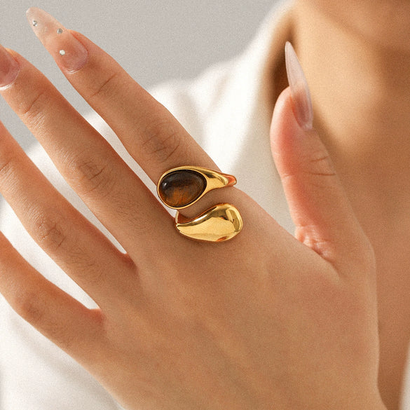 Handmade Dropshaped Geometric Stainless Steel Ring Set With Tiger Eye Stone For Women