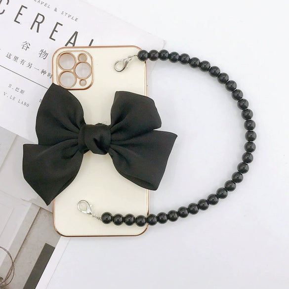 Handmade Fabric Bow Phone Case Accessories With Black Beaded Lobster Clasp And Handwoven Design