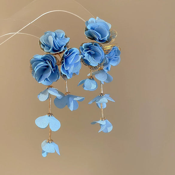 Handmade Fabric Chiffon Flower Tassel Earrings For Women With Rice Beads In Vacation Style