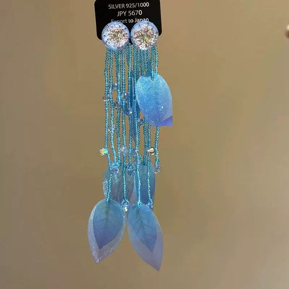 Handmade Fabric Chiffon Flower Tassel Earrings For Women With Rice Beads In Vacation Style