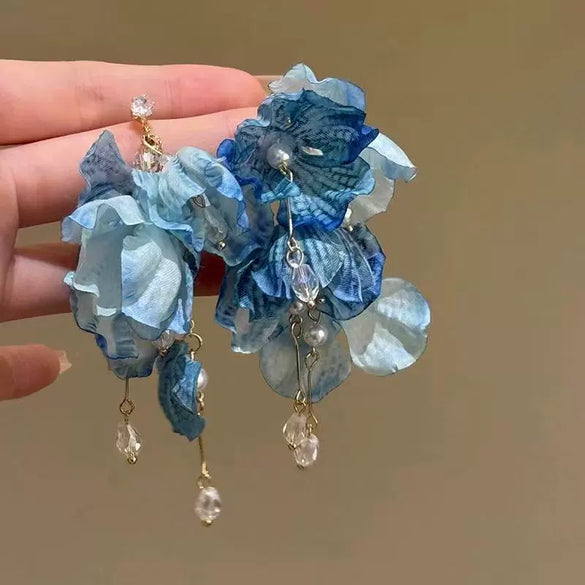 Handmade Fabric Chiffon Flower Tassel Earrings For Women With Rice Beads In Vacation Style