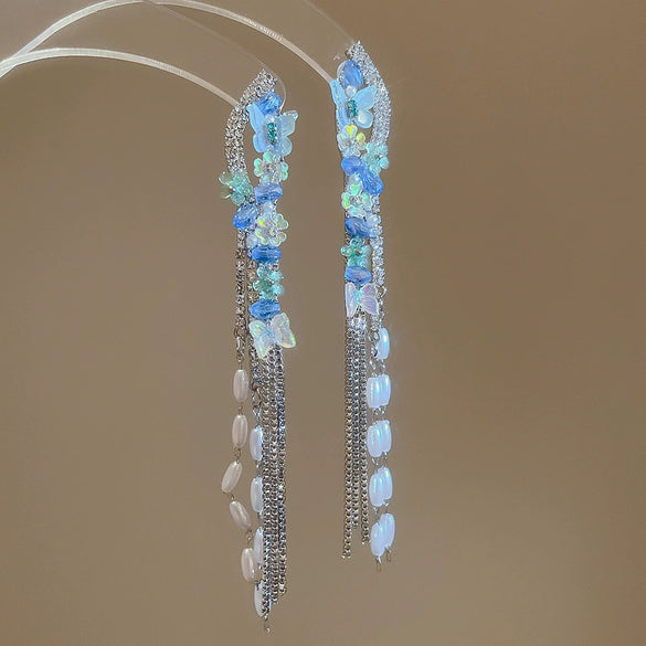 Handmade Fabric Chiffon Flower Tassel Earrings For Women With Rice Beads In Vacation Style