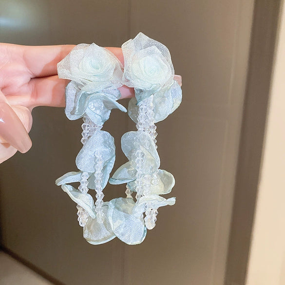 Handmade Fabric Chiffon Flower Tassel Earrings For Women With Rice Beads In Vacation Style