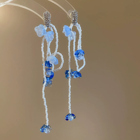 Handmade Fabric Chiffon Flower Tassel Earrings For Women With Rice Beads In Vacation Style