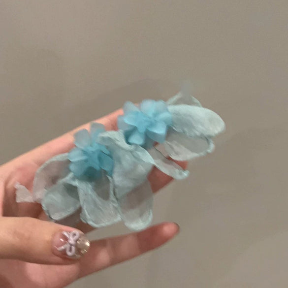 Handmade Fabric Chiffon Flower Tassel Earrings For Women With Rice Beads In Vacation Style