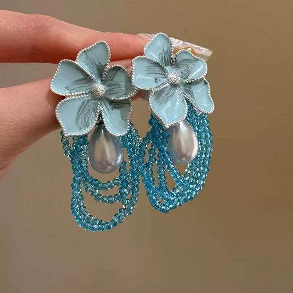 Handmade Fabric Chiffon Flower Tassel Earrings For Women With Rice Beads In Vacation Style