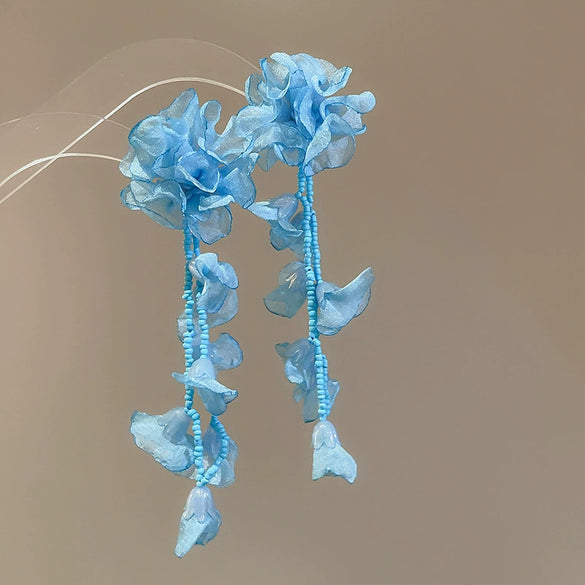 Handmade Fabric Chiffon Flower Tassel Earrings For Women With Rice Beads In Vacation Style