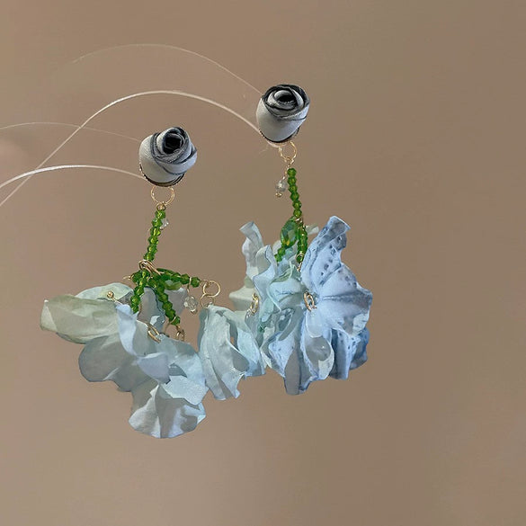 Handmade Fabric Chiffon Flower Tassel Earrings For Women With Rice Beads In Vacation Style