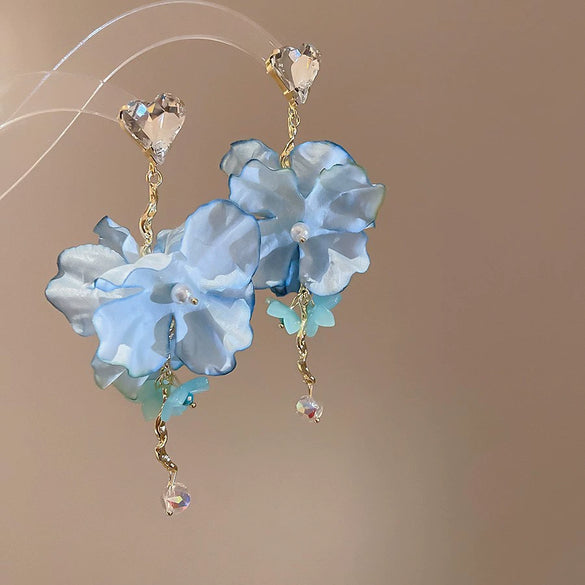 Handmade Fabric Chiffon Flower Tassel Earrings For Women With Rice Beads In Vacation Style