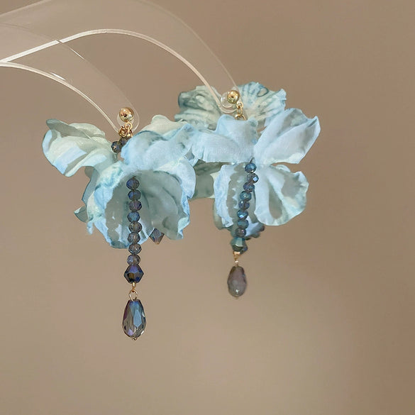 Handmade Fabric Chiffon Flower Tassel Earrings For Women With Rice Beads In Vacation Style