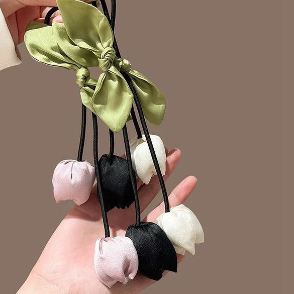 Handmade Fabric Flower Bud Tulip Tassel Hair Rope For Women