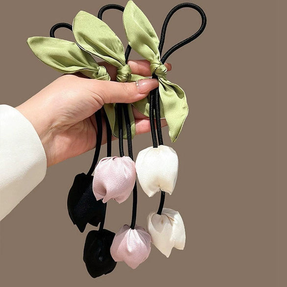 Handmade Fabric Flower Bud Tulip Tassel Hair Rope For Women