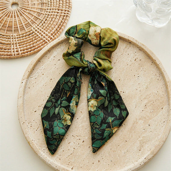 Handmade Fabric Niche Design Oil Painting Bow Ponytail Hair Tie