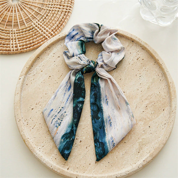 Handmade Fabric Niche Design Oil Painting Bow Ponytail Hair Tie
