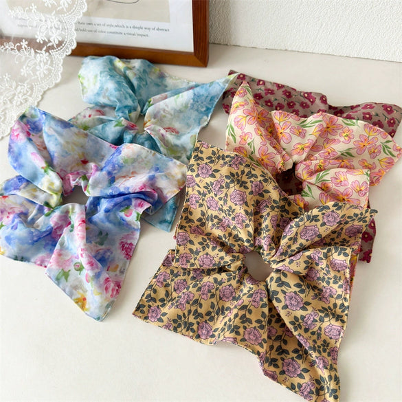 Handmade Fabric Square Scarf Scrunchie Hair Tie For Women Floral Oil Painting And Vacation Style