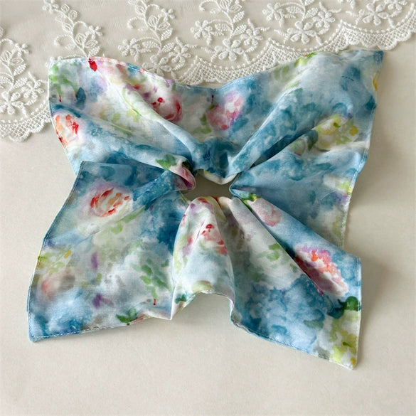 Handmade Fabric Square Scarf Scrunchie Hair Tie For Women Floral Oil Painting And Vacation Style