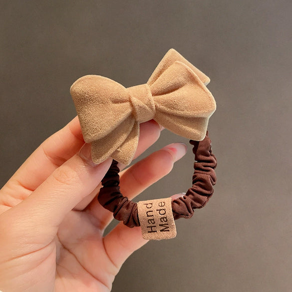 Handmade Flocking Plush Bow Scrunchie Hair Ring Soft Hair Tie Headwear For Women