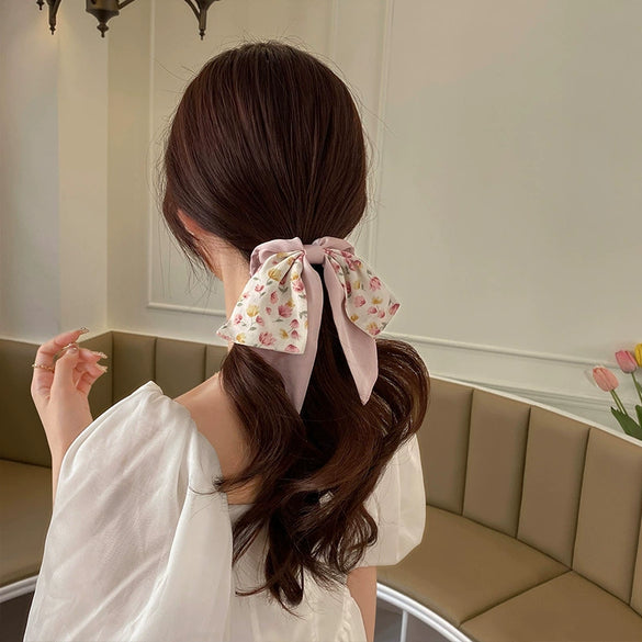 Handmade Floral Bow Hair Ring Silk Scarf Hair Band Retro Headwear For Women