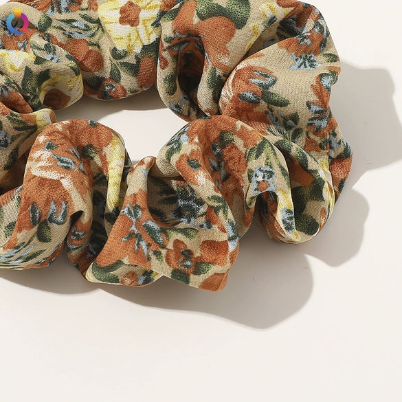 Handmade Floral Printed Cloth Hair Tie For Women With Retro Oil Painting Style Flower Design