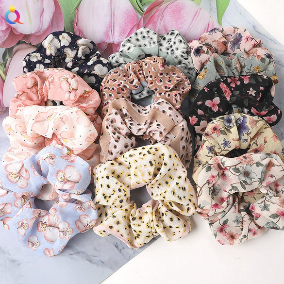 Handmade Fresh Floral Chiffon Scrunchie Hair Tie With High Elasticity Fabric Ponytail Holder