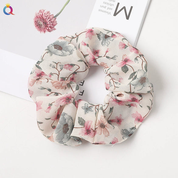 Handmade Fresh Floral Chiffon Scrunchie Hair Tie With High Elasticity Fabric Ponytail Holder