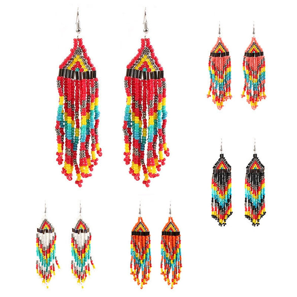 Handmade Geometric Multi Layer Rice Bead Long Tassel Earrings Retro Fashion Dangle Earrings