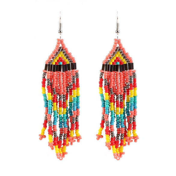 Handmade Geometric Multi Layer Rice Bead Long Tassel Earrings Retro Fashion Dangle Earrings