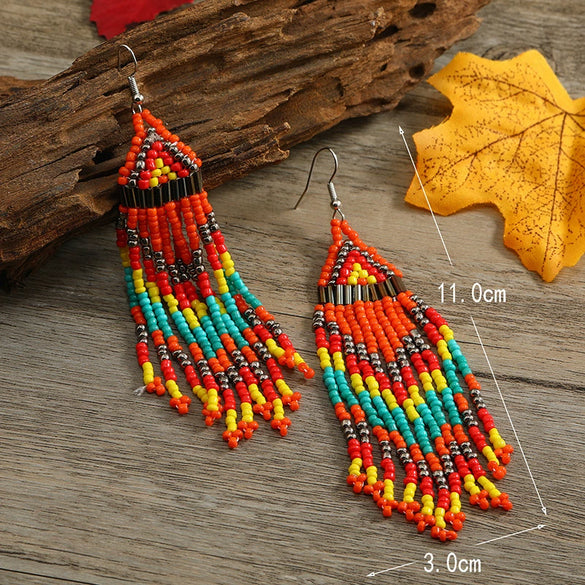 Handmade Geometric Multi Layer Rice Bead Long Tassel Earrings Retro Fashion Dangle Earrings