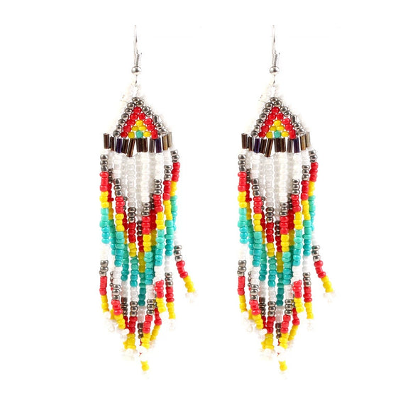 Handmade Geometric Multi Layer Rice Bead Long Tassel Earrings Retro Fashion Dangle Earrings