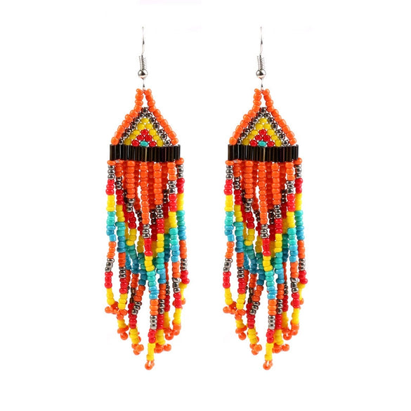 Handmade Geometric Multi Layer Rice Bead Long Tassel Earrings Retro Fashion Dangle Earrings