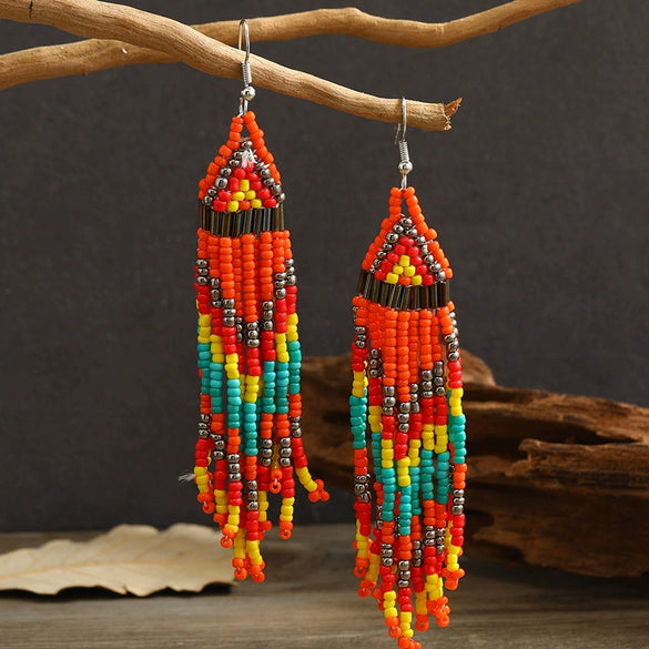 Handmade Geometric Multi Layer Rice Bead Long Tassel Earrings Retro Fashion Dangle Earrings