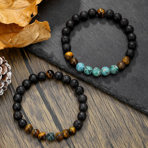 Handmade Geometric Stone Hiphop Hand Jewelry Unisex Beaded Bracelet With African Pine Yellow Tiger Eye And Volcanic Stone