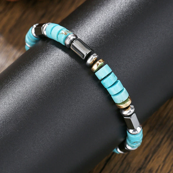 Handmade Geometric Style Unisex Bracelet Jewelry With Black Gallstone And Turquoise