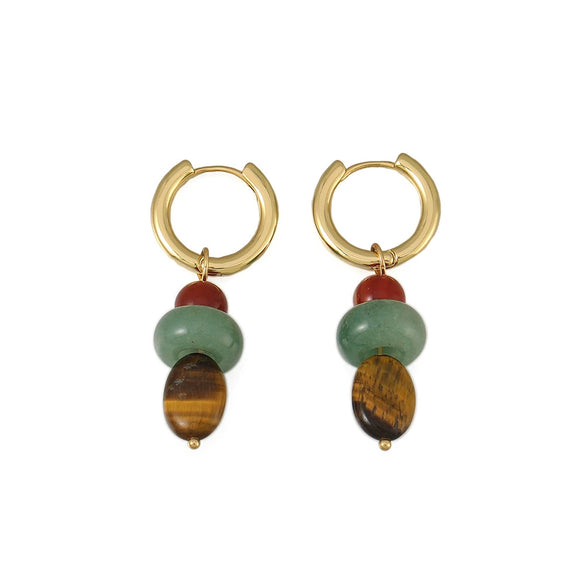 Handmade Geometric Vintage Earrings With Tiger Eye Stone Red Agate And Green Aventurine Copper
