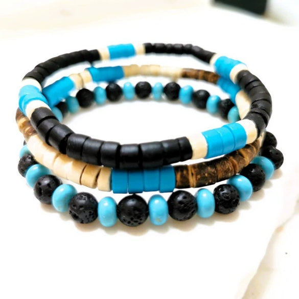 Handmade Geometric Wooden Beaded Volcanic Stone Turquoise Coconut Shell Unisex Bracelet