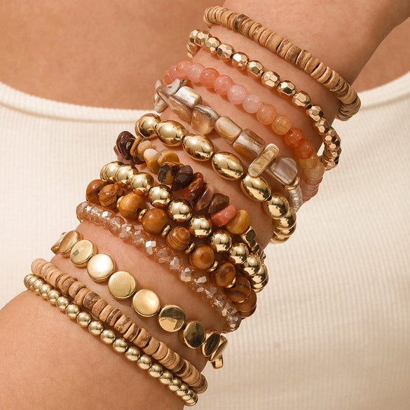 Handmade Geometric Wooden Beads And Stone Beach Bracelet For Women