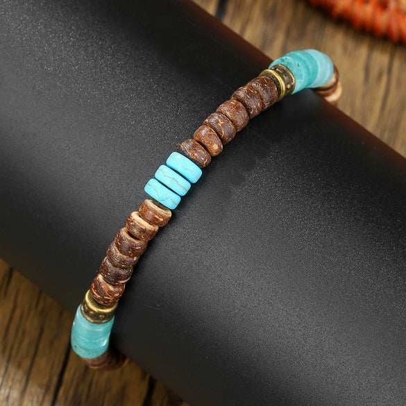 Handmade Geometric Wooden Beads Turquoise Coconut Shell Bracelet Unisex Hiphop Style