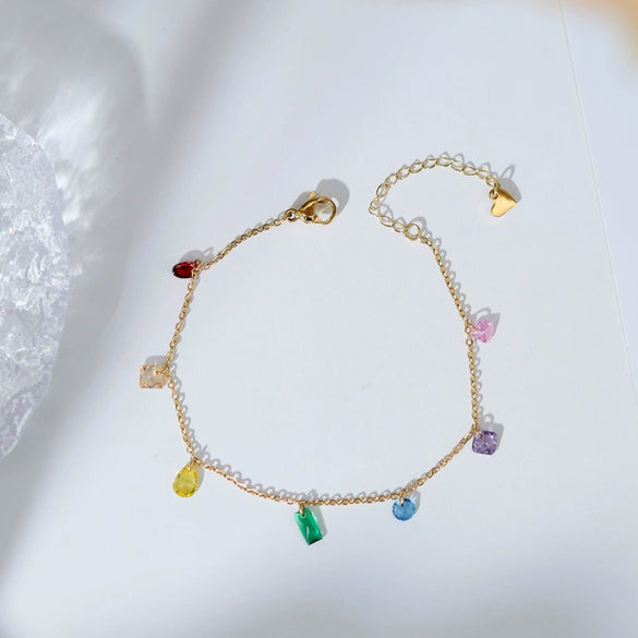 Handmade Girl Summer Dream Rainbow Diamond Drop Shape Bracelet Titanium Steel 18K Gold Plated
