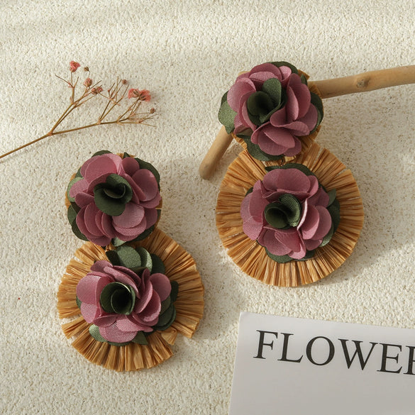 Handmade Grass Fabric Geometric Flower Earrings For Women In Vacation Style