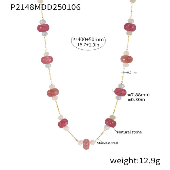 Handmade Half Bead Tourmaline Natural Stone Necklace With Stainless Steel 18K Gold Electroplated Geometric Light Luxury Jewelry For Women
