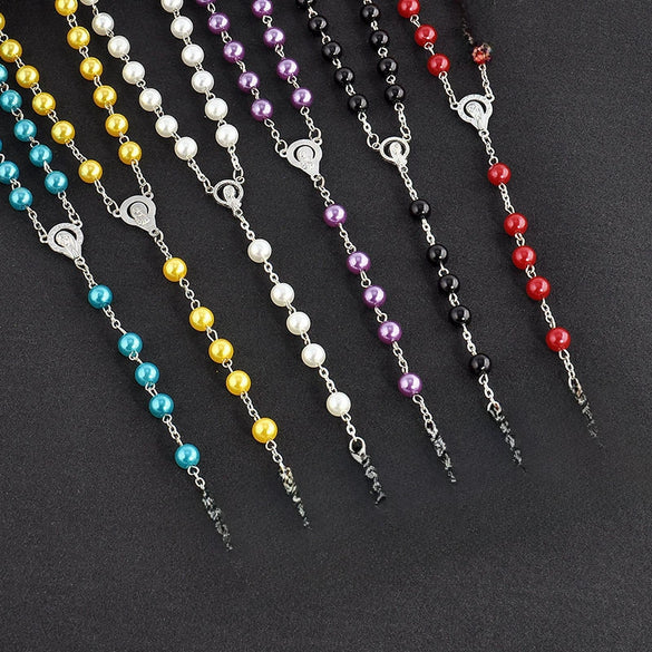 Handmade Imitation Pearl Cross Rosary Long Necklace Unisex Textured Tassel Sweater Chain Alloy Electroplated Geometric